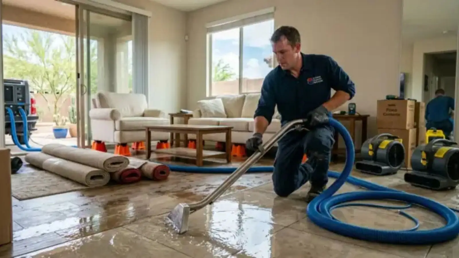 Technician extracting standing water from a living room floor with drying equipment set up